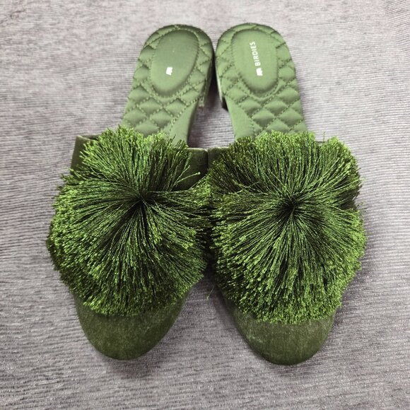 Birdies The Songbird Pom Pom Mules Size 9.5 Green Velvet Shoes Slides Festive - Picture 2 of 7